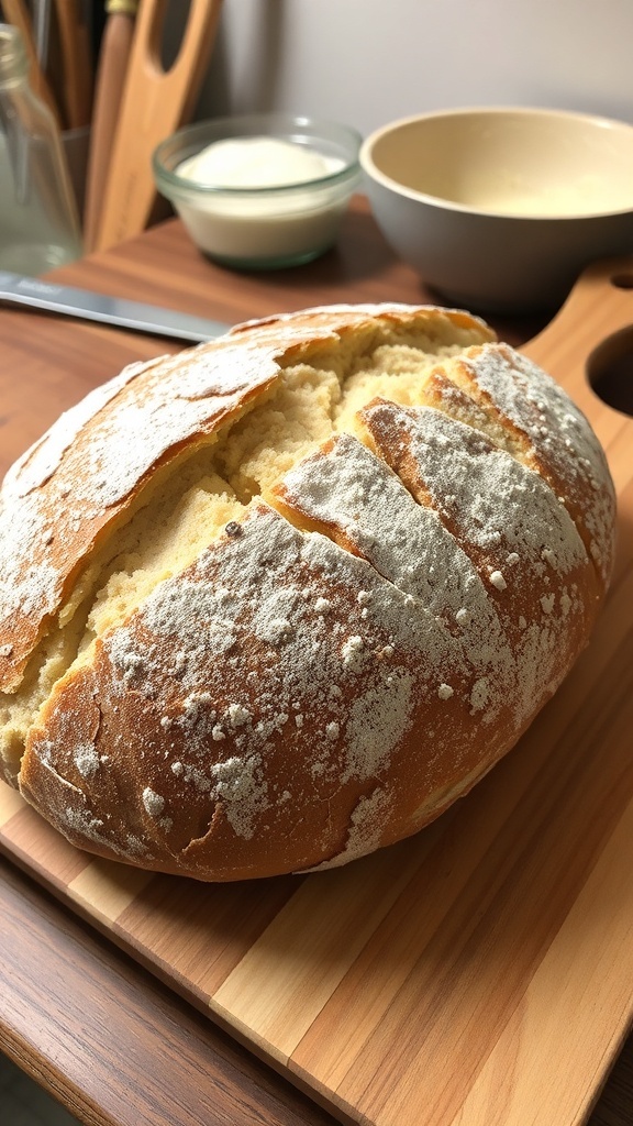 A golden crusted sourdough bread loaf sliced on a wooden board, showcasing its airy texture.